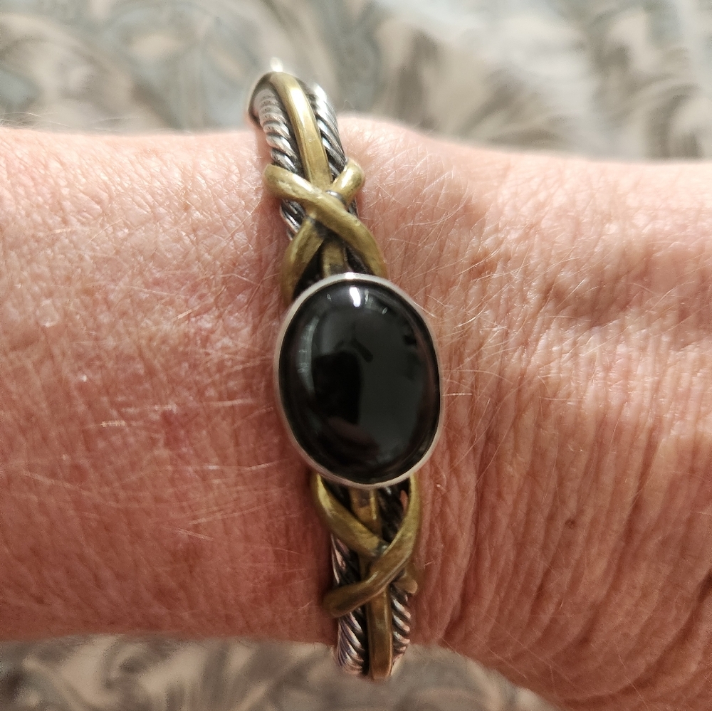 Sterling and Gold Tone/Brass Accents With Black Onyx Women's Bracelet